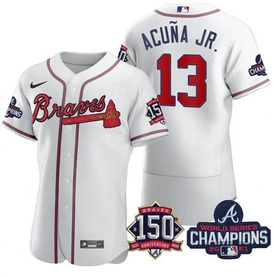 Men's Atlanta Braves #13 Ronald Acuña Jr. 2021 White World Series Champions With 150th Anniversary Flex Base Stitched Jersey